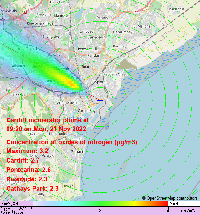 Latest Cardiff incinerator plume plot, 09:20 21/11/22 #Cardiff #Pontcanna #Riverside plumeplotter.com/cardiff/