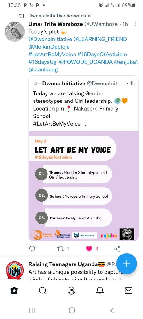 SakisaHellena's tweet photo. 🥳🥳 DAY 2.
Of creating awareness about gender stereotypes and girl child leadership.
What an honour to the young generation to have such being told to them.
@DwonaInitiative .
#letArtBeMyVoice.
#16daysofActivism
#16daysUg
@FOWODE_UGANDA @stanbicug @enjuba1 https://t.co/2Lmu9I7QYG