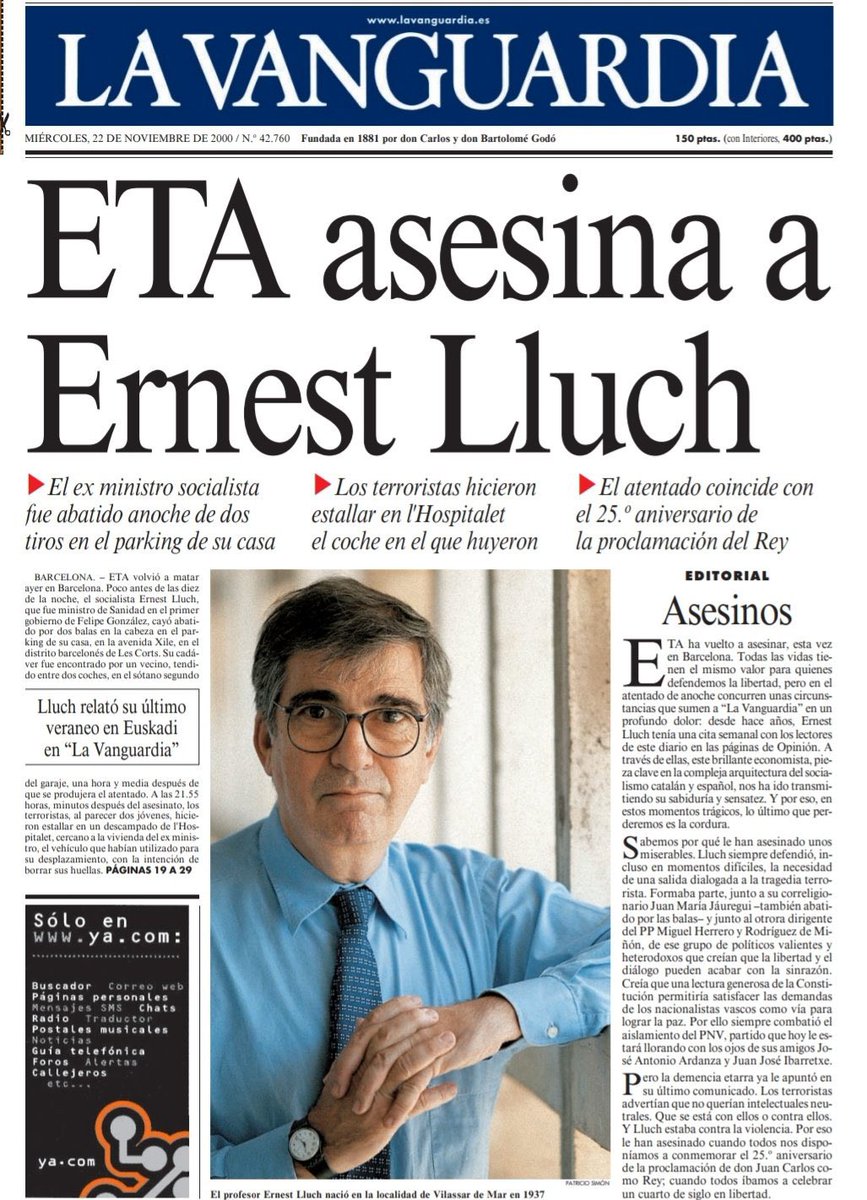 Inolvidable Ernest Lluch, asesinado por ETA el 21 de noviembre del año 2000.
#contraelolvido