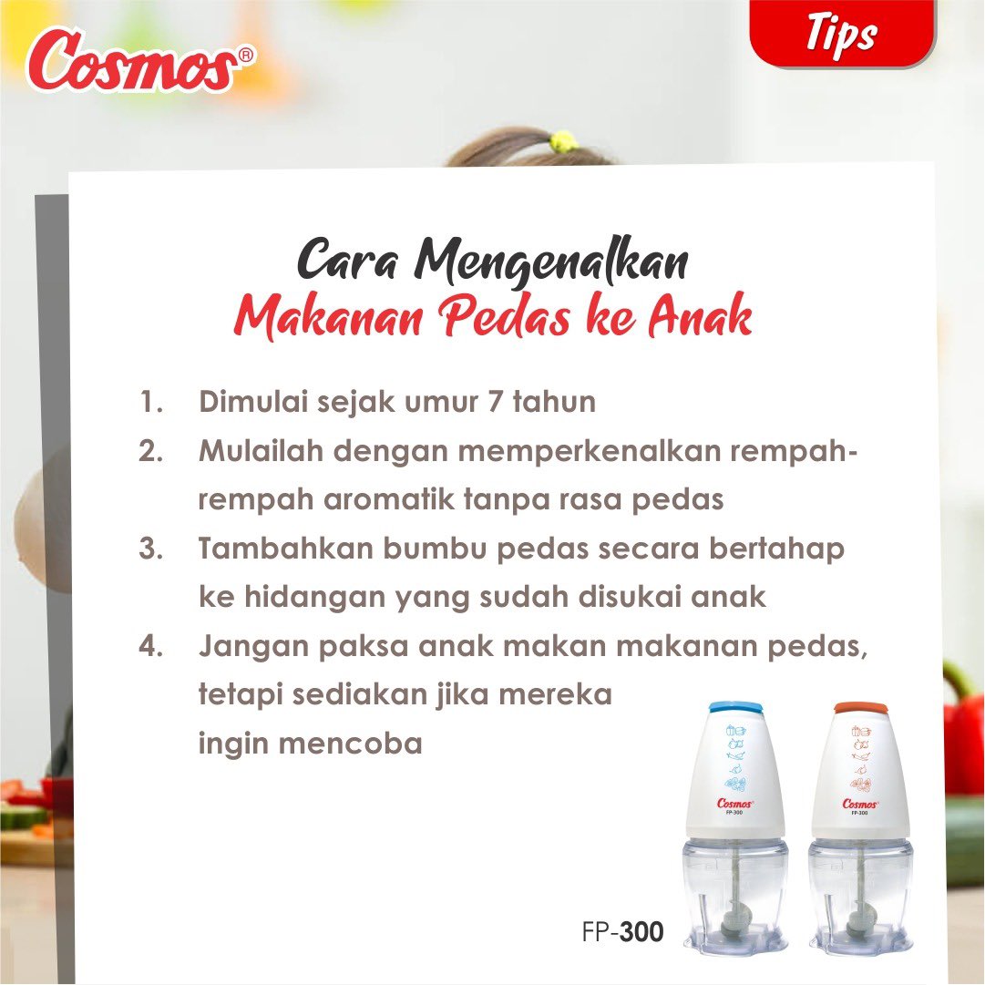 cosmosonline's tweet photo. Jika Moms tipe penyuka makanan pedas, bisa nih diperkenalkan ke anaknya agar mereka bisa memutuskan sendiri ingin makan pedas juga/ tidak. Mulai kenalkan dengan rempah Indonesia yang kaya rasa. Untuk melumatkannya pilih Cosmos Food Processor KUBA.
#BanggaCosmos #tipsanak https://t.co/xpw63JAF9h