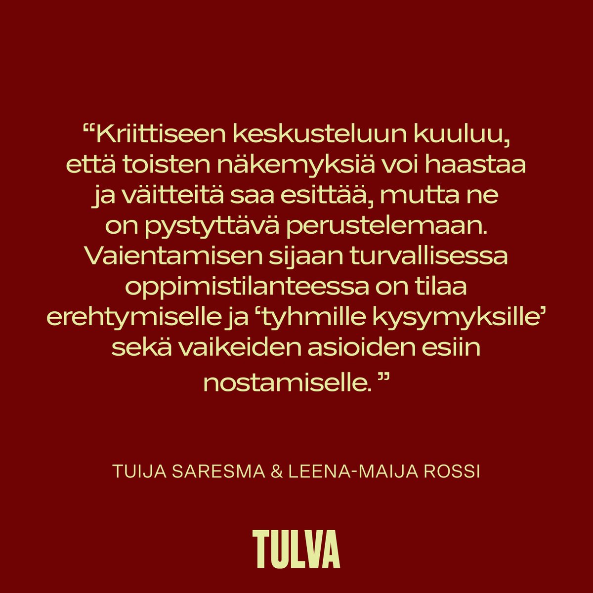 tulvalehti's tweet photo. Muun muassa @hsfi sivuilla on viime aikoina kannettu huolta "woketuksesta" ja väitetty turvallisten tilojen tukahduttavan keskustelua. Pelko on turha, kirjoittavat @tuijasaresma ja Leena-Maija Rossi Tulvan verkkosivuilla. 1/2 https://t.co/aGxQoTW2C7