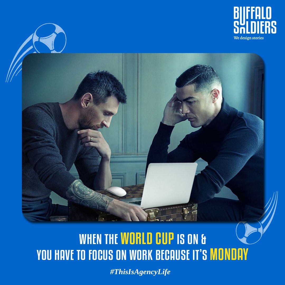 TheBSDigital's tweet photo. @Cristiano & Messi out there playing the tournament of their lives, and our social media executives here are having #MondayBlues 😇
#LifeAtBS #FIFAWorldCup #MessiRonaldo https://t.co/Y2MliTXN6b
