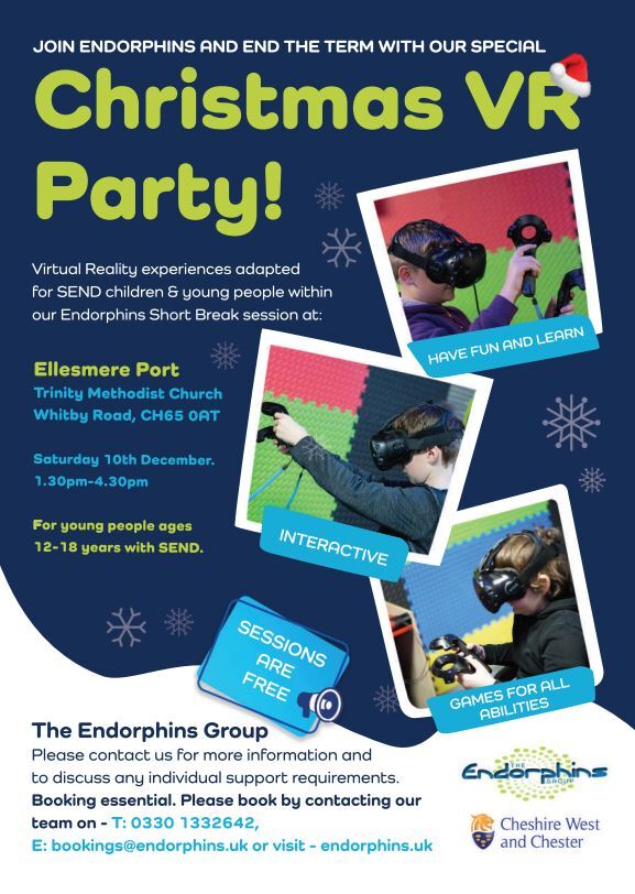 😁Announcement😁
We can finally announce our last session in Ellesmere Port for the 12-18 year old group is ending this term with the Christmas VR Party. 🎮🎮
Other older groups will also have VR Sessions after Christmas!
Don't forget booking is essential 
endorphins.uk/events-page/