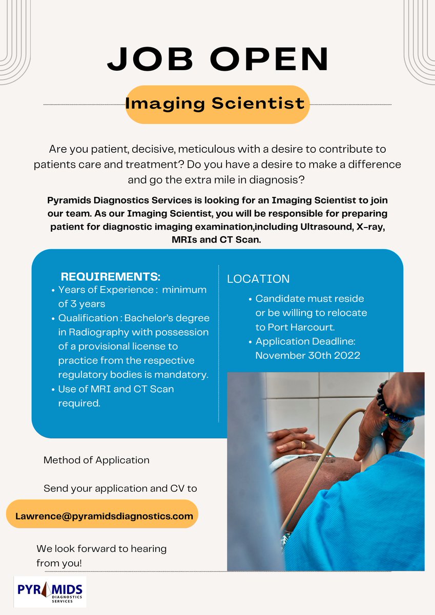 PyramidsDiagno1's tweet photo. We are Hiring!!!

Positions: Dispatch Rider
                 Imaging Scientist

Send cv and application letter to Lawrence@pyramidsdiagnostics.com

Kindly visit https://t.co/fQBTOPDL2b for job requirements.

Deadline : November 30th 2022 https://t.co/bgukO31aMr