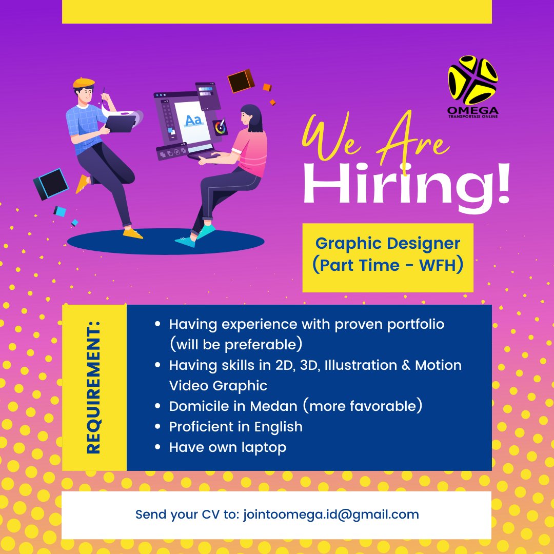 Omega_hemat's tweet photo. Yuk yang cari-cari WFH - Part Time, Graphic Designer. #lokercot https://t.co/U99sb2H0N1