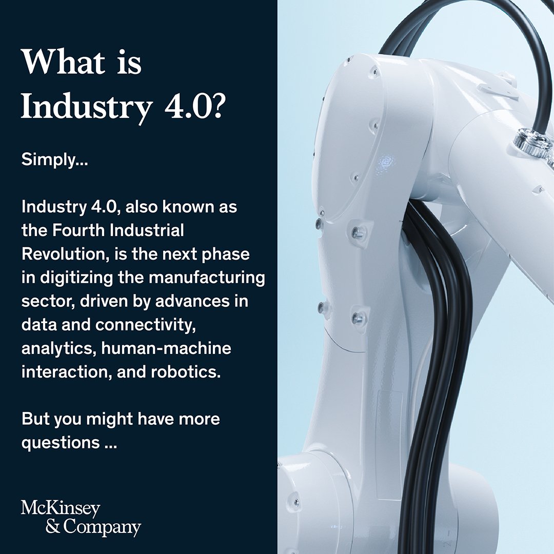 McKinsey's tweet photo. Industry 4.0 means new technology, #reskilling workers, and more eco-efficient processes. Read this Explainer on our Insights app to learn what #4IR leaders are accomplishing ➡ https://t.co/fJEJh488yG

#McKExplainers https://t.co/2IHbxQjqf1
