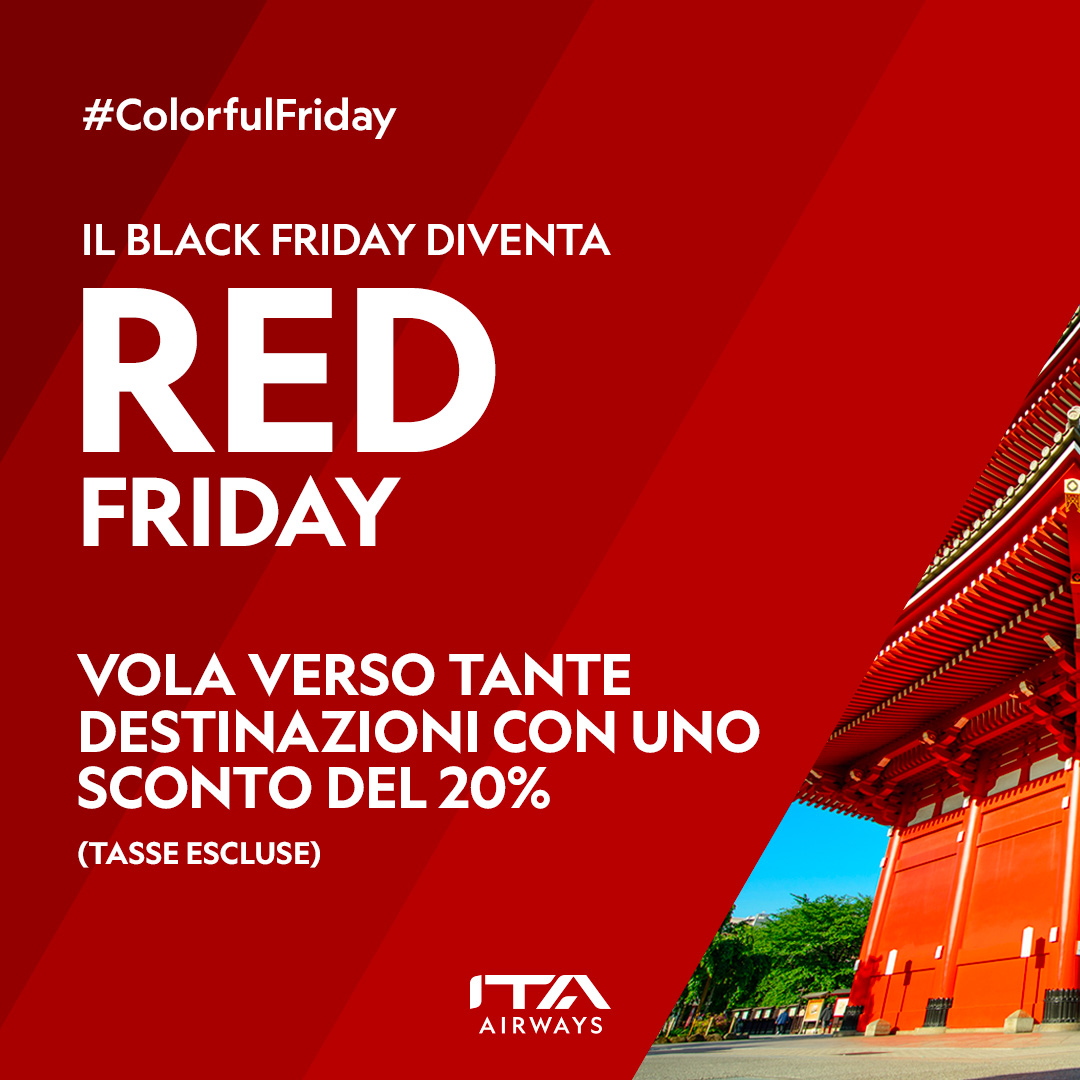 ITAAirways's tweet photo. Oggi il #ColorfulFriday ❤️ si tinge di rosso, il colore dedicato a Tokyo, Malé, Nuova Delhi, Algeri, Tel Aviv, Tunisi e Il Cairo: acquista il tuo volo con uno sconto del 20% (tasse escluse) ✈️ https://t.co/dB6DTa64oO
#BlackFriday #ITAAirways https://t.co/KtJ01UTu3T