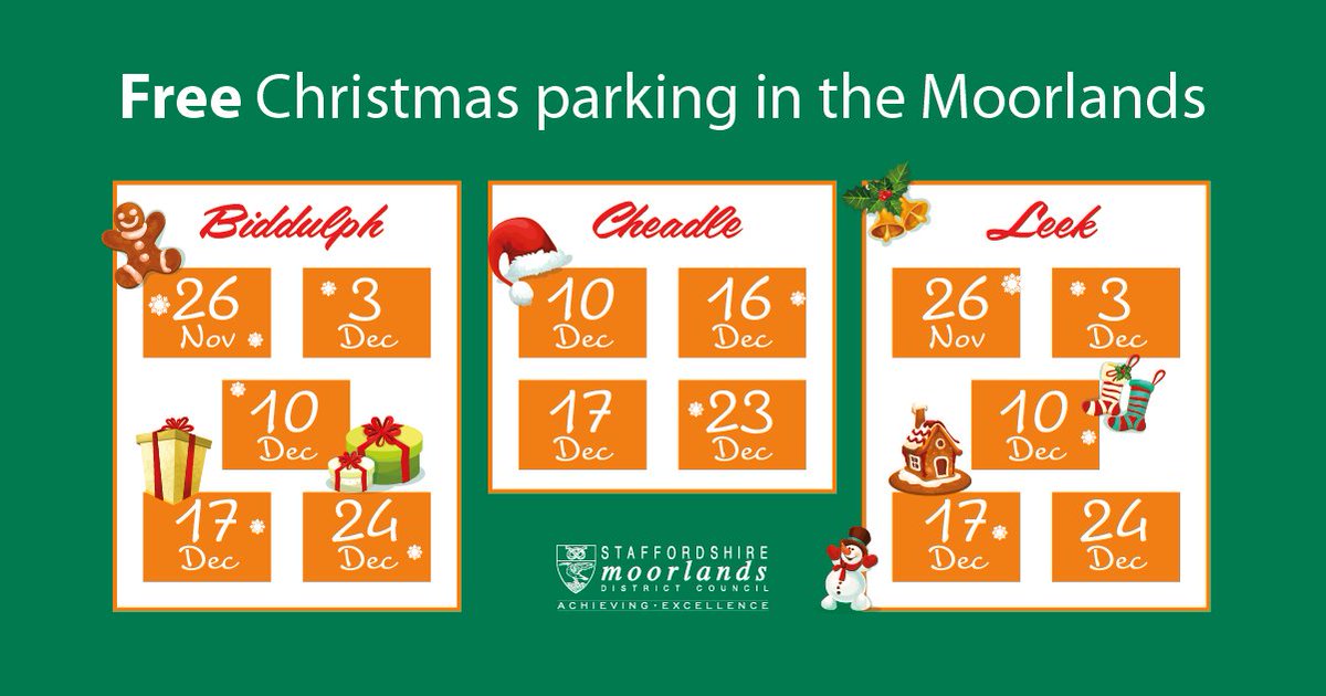 There are a nuber of FREE parking dates in Biddulph, Cheadle and Leek leading up to Christmas.

On these dates parking will be FREE - ALL DAY - in ALL council car parks in the towns.