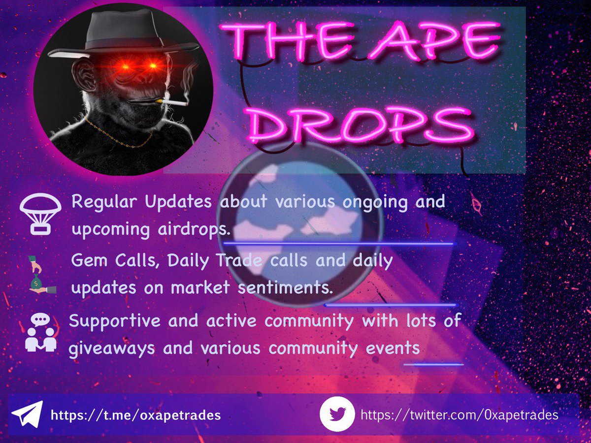 OxTony101's tweet photo. @nocontextfooty Join The Ape Drops Club-

-Regular Updates about various ongoing and upcoming airdrops. 
-Gem calls, Trade calls, and daily updates on market sentiments. 
-Supportive and active community

Join us on Twitter- https://t.co/wev4T9rT83 

Join us on Telegram- https://t.co/amv2nnD4dW https://t.co/GJLyMEQqOW