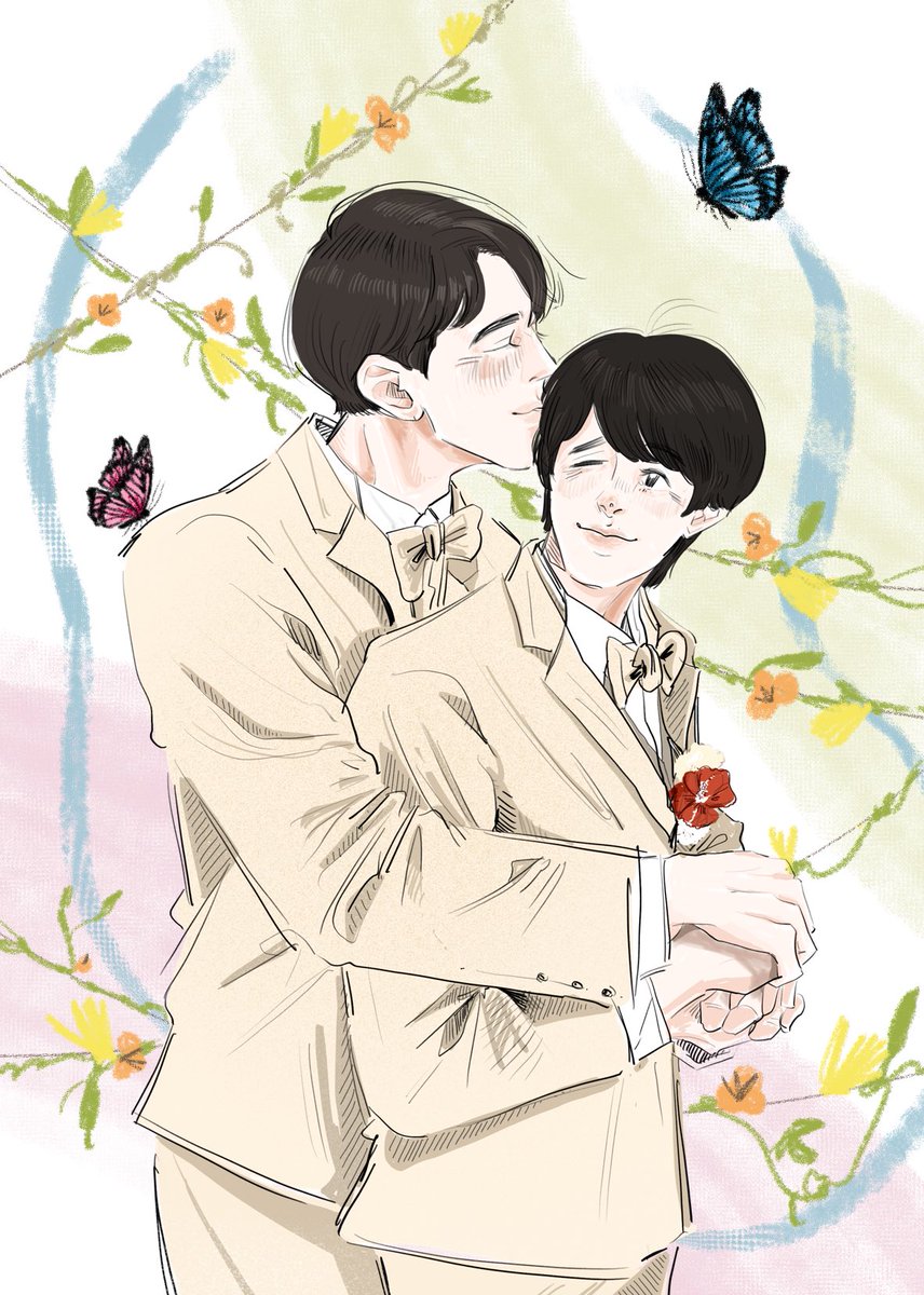 #쿠로닷치_웨딩엽서북_합작  #체리마호 뒷북아니냐고요? 맞ㅇ ㅏ요. 부족한 그림에 가득 사랑을 담아 둘의 행복을 빌게. 어디서든 서로 사랑해주고 늘 아껴주렴 🍀 (왼쪽은 그냥 보고싶은 그림 , 오른쪽은 엽서북 합작!)