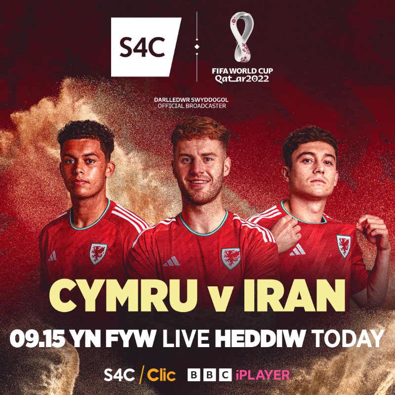 S4C's tweet photo. CYMRU YNG NGHWPAN Y BYD 🏴󠁧󠁢󠁷󠁬󠁳󠁿
Cymru v Iran. Live today. We go again.