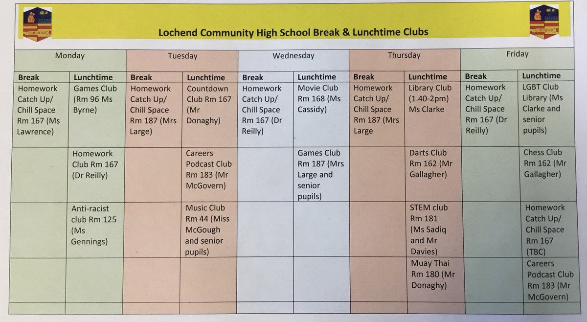 Reminder of break and lunchtime clubs throughout the school. Please eat your lunch in the Street Area before attending any of the clubs.