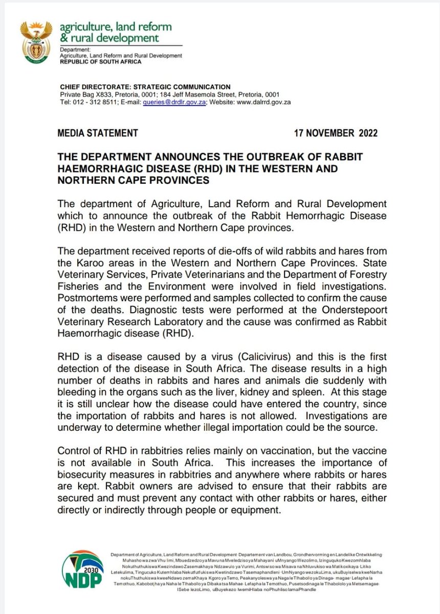 DOAgov_ZA's tweet photo. [MEDIA STATEMENT]
The department announces the outbreak of Rabbit Haemorrhagic Disease (RHD) in the Western and Northern Cape Provinces. @GCISMedia https://t.co/bVIfCVw3iv