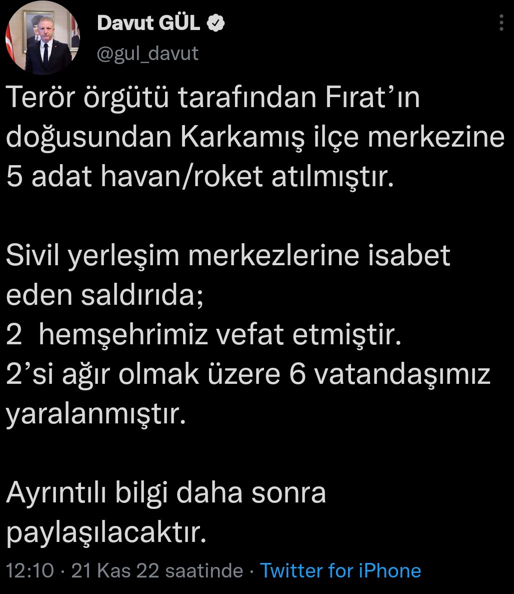 Gaziantep'in😿🇹🇷 Karkamış ilçesinde terör örgütü PKK tarafından atılan roketle vefat eden Emşerilerime Allah'tan rahmet diliyorum, yaralanan vatandaşlarımıza acil şifalar diliyorum. Her türlü teröre ve destekçilerine lanet olsun. Milletimizin başı sağ olsun.🇹🇷