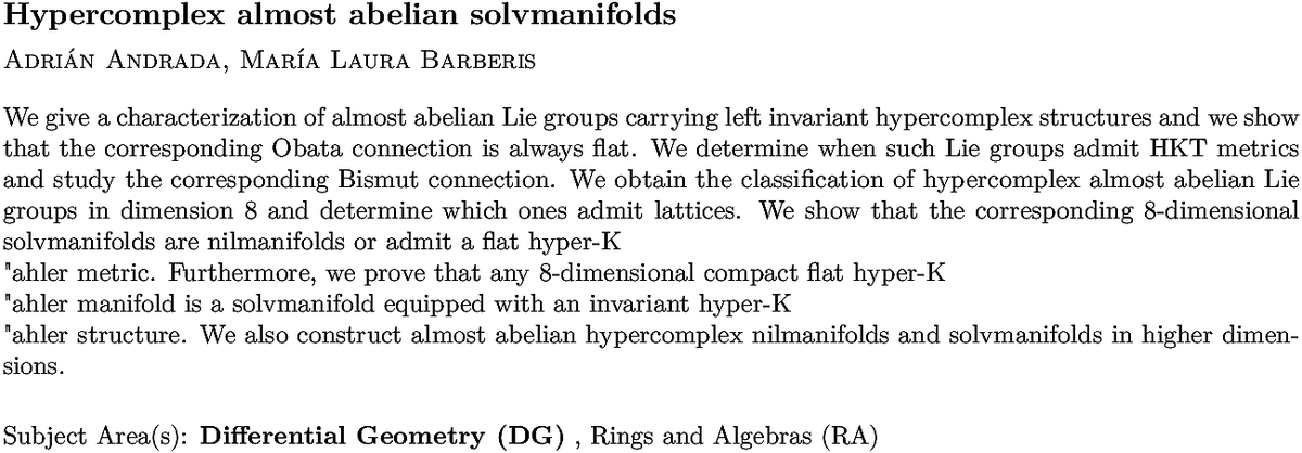 arxiv.org/abs/2211.09889…
A Andrada, M L Barberis
Hypercomplex almost abelian solvmanifolds