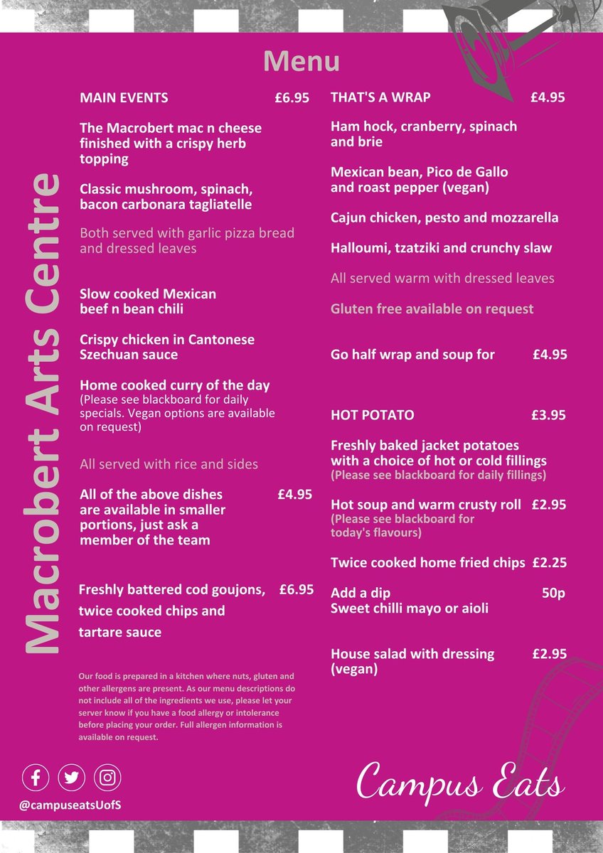 We are excited to announce a new menu in Macrobert starting today. Available from 12 noon for lunch and dinner. Have a look at our menu below. 🍝🍲