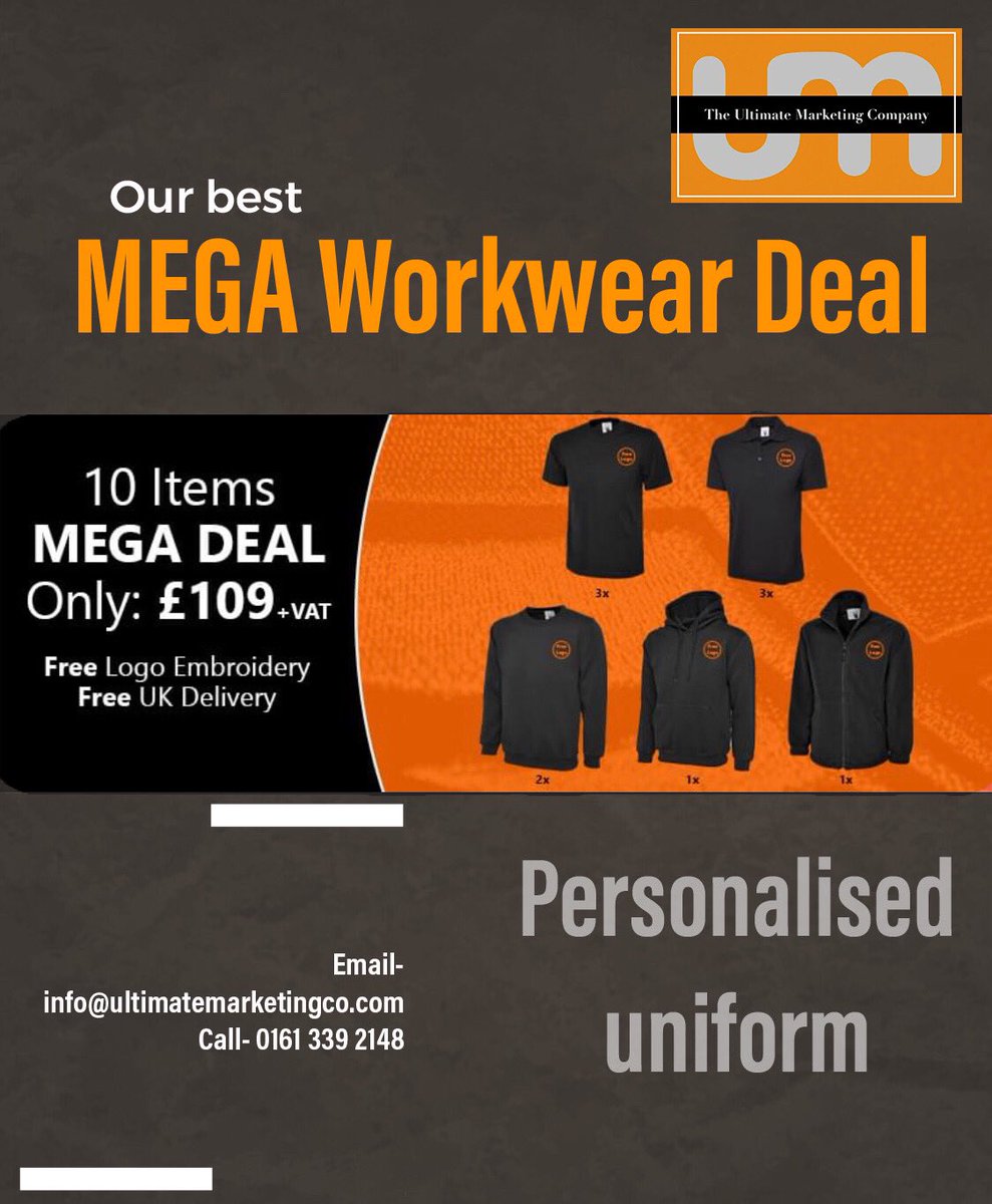 theUMcompany's tweet image. Have you ordered our awesome workwear deal yet!? 🌟 Only £109 for 10 items 🌟
Don’t miss out!!

#workweardeal #uniformdeal #brandeduniform #personalisedworkwear #branding #freedesign