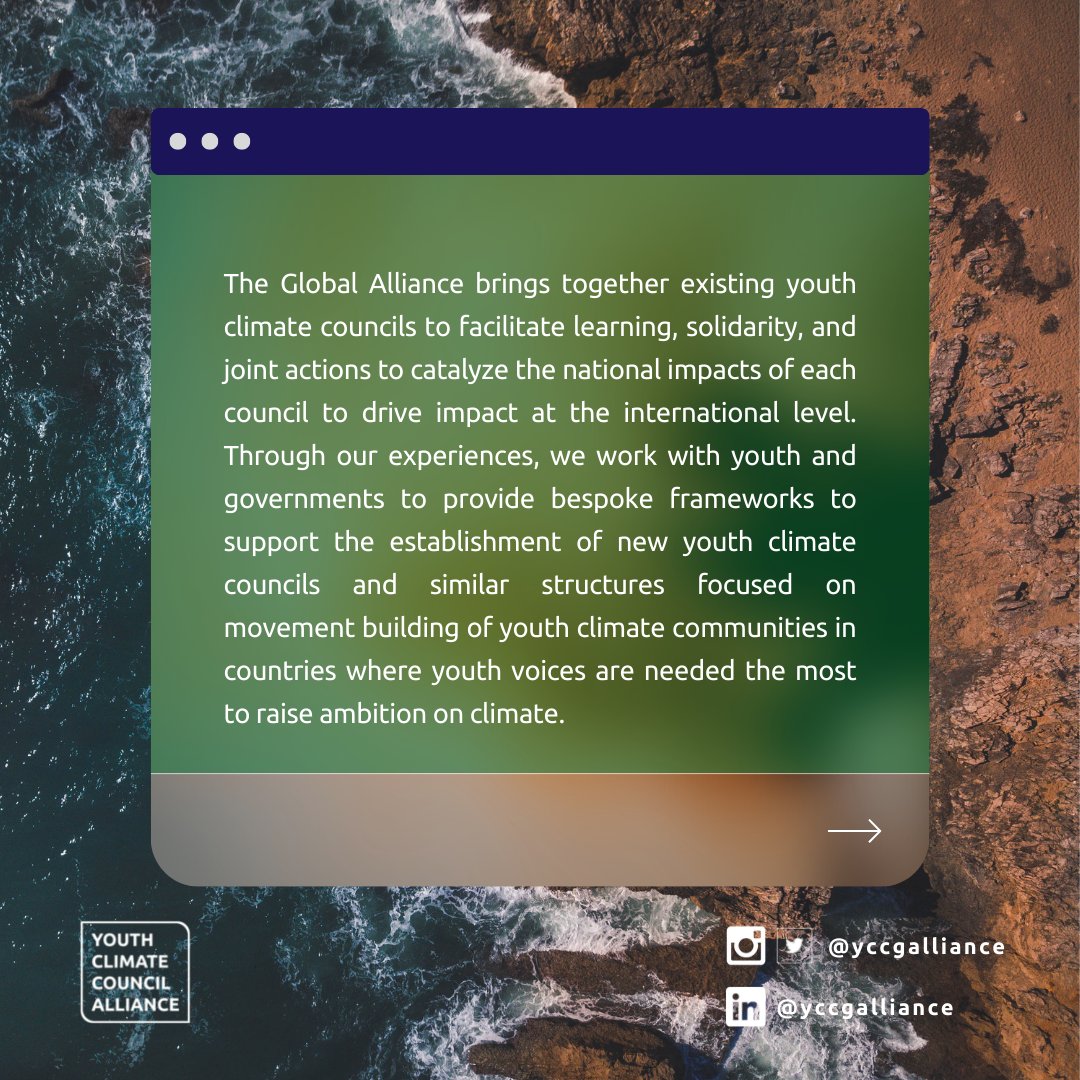 YCCGAlliance's tweet photo. The Global Alliance brings together existing youth climate councils to facilitate learning, solidarity, and joint actions to catalyze impact at the international level. Read this post to learn more about our mission, vision and values.
#Youth #Climate #YCC #YCCGA #GlobalAlliance https://t.co/kNfHU6jiCL