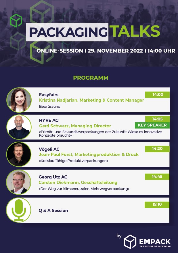 Gerne laden wir Sie am Dienstag, den 29. November 2022 ab 14 Uhr zu unserer Online-Session "PACKAGING TALKS" ein.

👉 Hier geht es zur Anmeldung: lnkd.in/e8eshiBJ