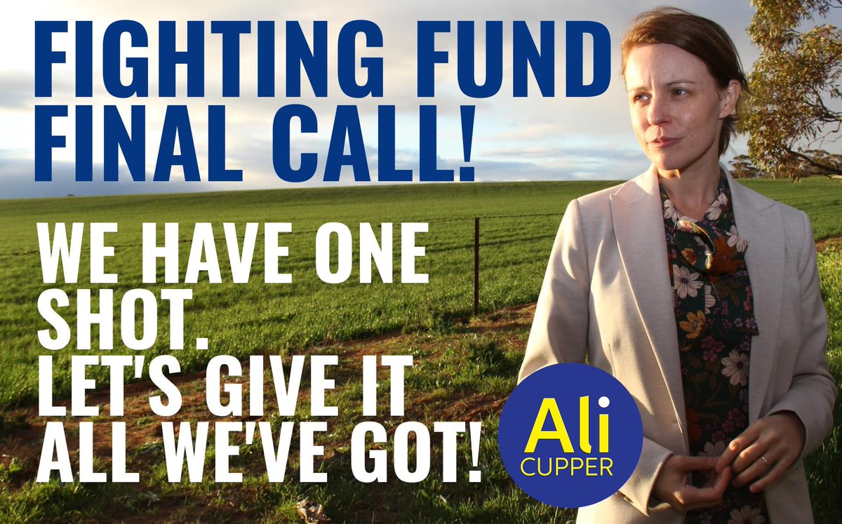 Attention, gamechangers:
Five days to go and the stakes are very high!
We're outgunned by the big party coffers 10:1.
But with your generous assistance, we reckon we can pull this off! 
Donate tonight to help keep the Mallee proudly Independent ✊
alicupper.com.au/fightingfund/