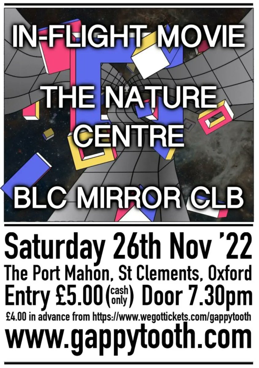 Saturday 26th, <a href="/portmahon_ox/">The Port Mahon ⚓️</a>, we're doing a gig! There will also be two other great bands there: <a href="/TheNatureCentre/">The Nature Centre</a> <a href="/BLC_MIRROR_CLB/">BLC MIRROR CLB</a>