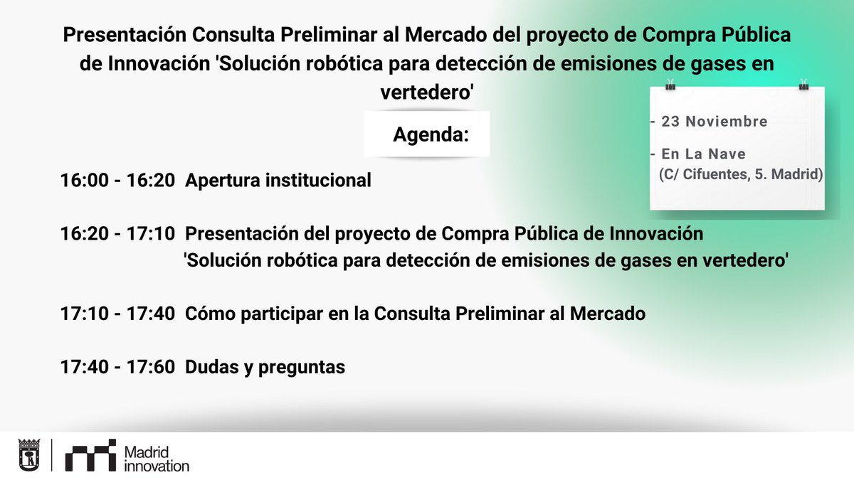 madridinnova's tweet photo. 📢 #CPM en @LaNaveMadrid para identificar soluciones robotizadas para gestionar la emisión de #gases de efecto invernadero en vertedero💨  

🗓️23 noviembre en 
⌚16:00h
¡Inscríbete!➡️ https://t.co/C0tuIHqqTh  

@MADRID @AngelNinoQ 
#innovación #medioambiente #TransiciónEnergética https://t.co/apvsU4y6V5
