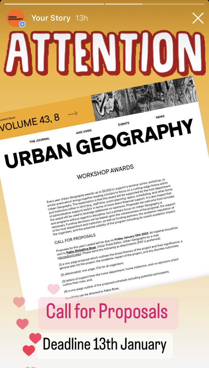 A little reminder that not only are we now on Instagram (follow: urbangeographyjournal) but our Call for Proposals for the Urban Geography Workshop Award is now live: urbangeographyjournal.org/events/worksho… follow & propose!!!