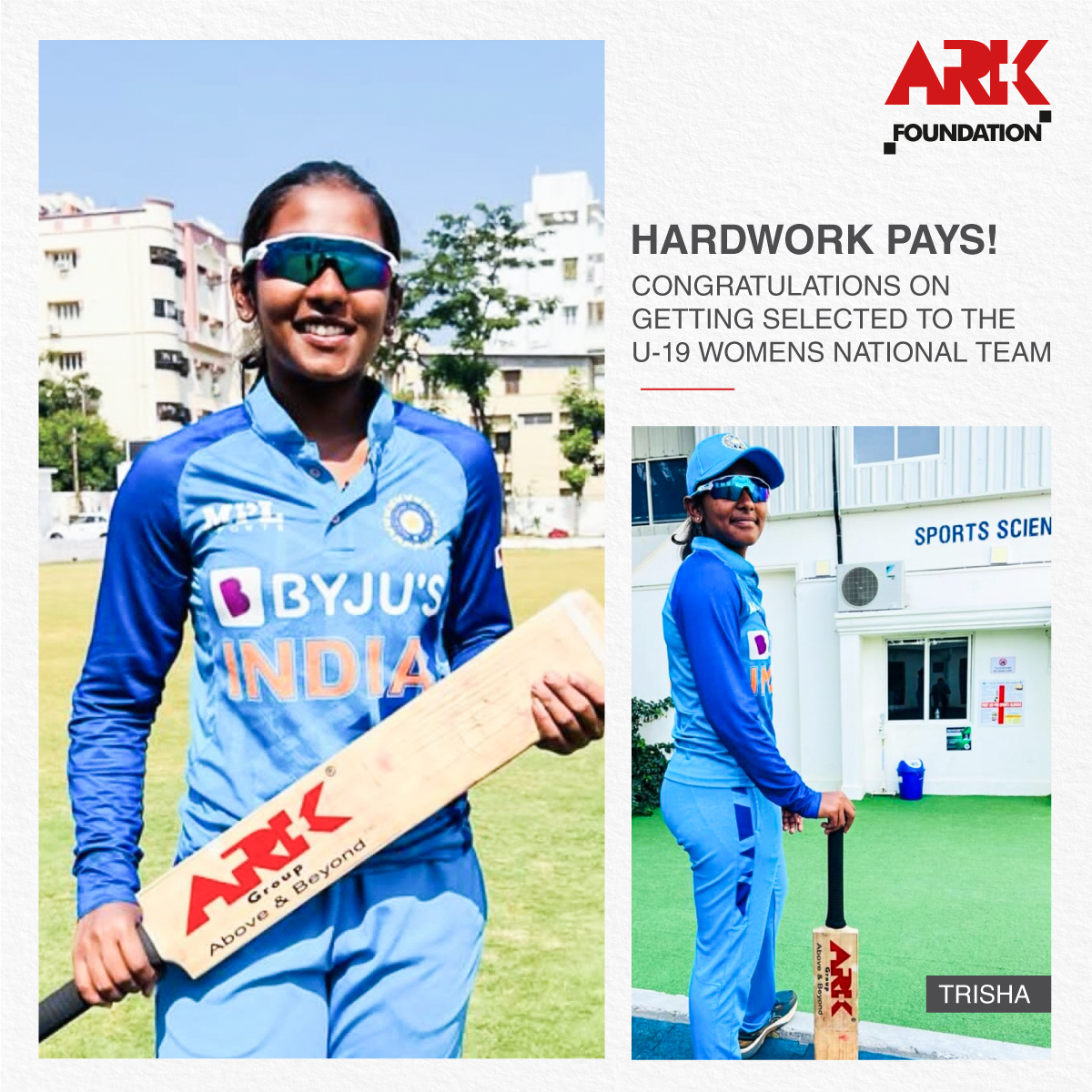 arkgroupindia's tweet photo. Ark Foundation is proud to support G.Trisha on her journey towards the Indian National Women's Cricket Team. We're overjoyed to share that she has been selected for the U-19 Indian Team.
#ArkFoundation #ArkgroupIndia
#womencricket #under19 #indiancricketteam #women #womenpower https://t.co/DvA8zrUCPT