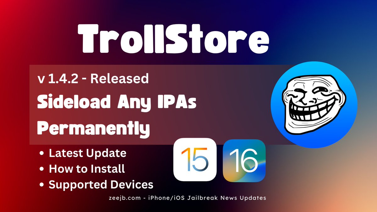 ZeeJailbreak's tweet photo. TrollStore v1.4.2 Released: 🔥🔥
https://t.co/YC39suOpw4
Fix an issue where apps could sometimes not be correctly marked as TrollStore apps, causing them to not appear in the TrollStore app list ✅
#TrollStore #TrollInstaller #Fugu15 #jailbreak #iPASIgner #iOS15 https://t.co/dauaaE1iU4