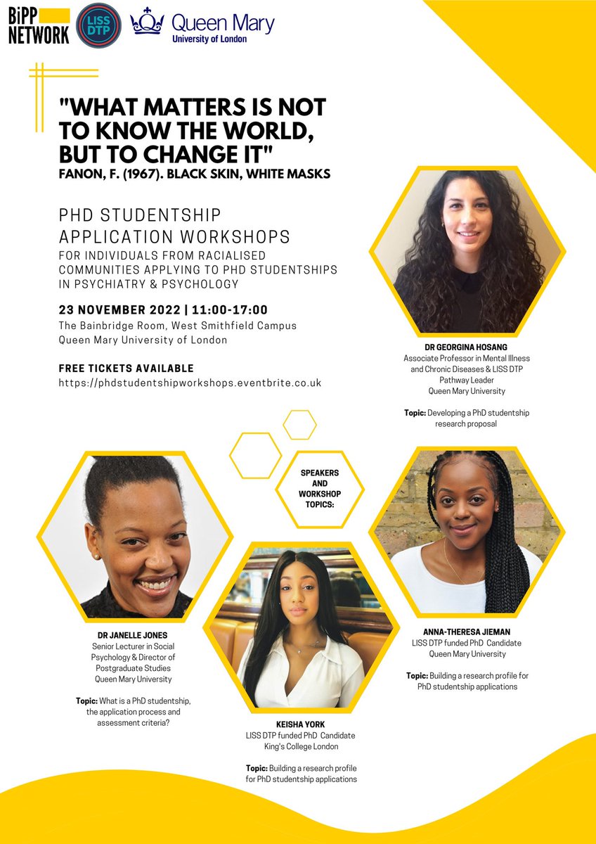 BiPP Network (@bippnetwork) on Twitter photo 🚨LOCATION CHANGE🚨
Last chance to sign-up for our FREE #PhD studentship application workshops in #psychiatry & #Psychology 🧠👨🏽🎓👩🏾🎓 this Wednesday now <a href="/KingsIoPPN/">Institute of Psychiatry, Psychology & Neuroscience</a> <a href="/IoPPN_Inclusion/">IoPPN D&I</a>
Funded by: <a href="/lissdtp/">LISS-DTP</a> <a href="/QMUL/">Queen Mary University of London</a>
Sign up now: …studentshipworkshops.eventbrite.co.uk 🚨LOCATION CHANGE🚨
Last chance to sign-up for our FREE #PhD studentship application workshops in #psychiatry & #Psychology 🧠👨🏽🎓👩🏾🎓 this Wednesday now <a href="/KingsIoPPN/">Institute of Psychiatry, Psychology & Neuroscience</a> <a href="/IoPPN_Inclusion/">IoPPN D&I</a>
Funded by: <a href="/lissdtp/">LISS-DTP</a> <a href="/QMUL/">Queen Mary University of London</a>
Sign up now: …studentshipworkshops.eventbrite.co.uk