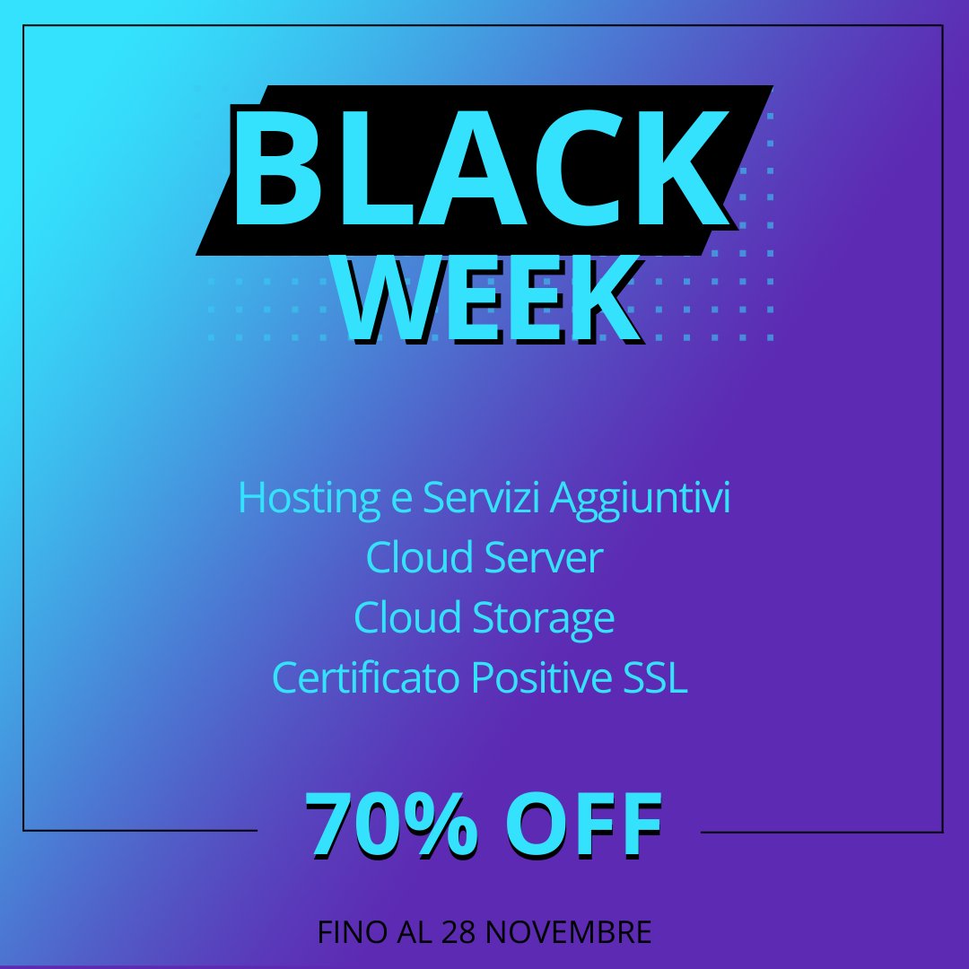 Shellrent's tweet image. 📣 È iniziata la Black Week di Shellrent!
💣 -70% su #Hosting e servizi aggiuntivi, #Cloud Server, Cloud Storage e Certificato Positive SSL!
🔗I dettagli su shellrent.com

#shellrent #blackfriday #cybermonday #progettiweb #website #cms #storage