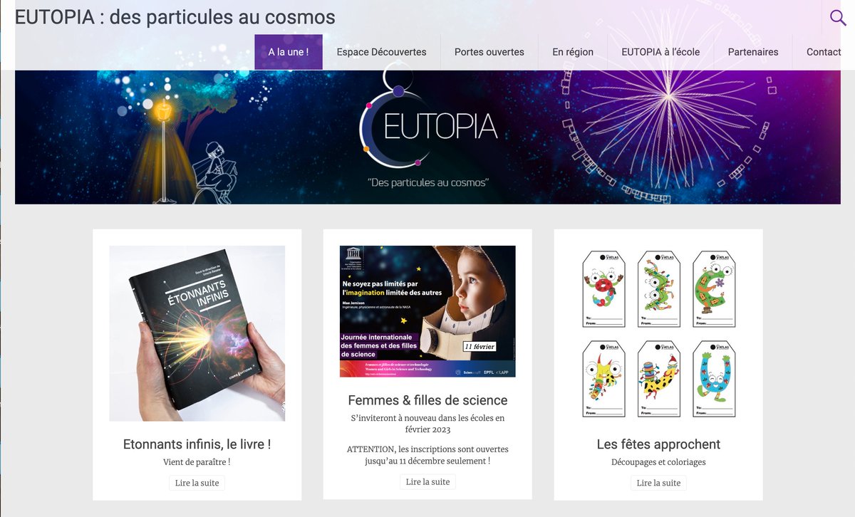 Petit air de cadeau de fin d'année sur notre site web, grâce à la publication du livre tant attendu 😍🥰📖📸 !
En outre, sans attendre le🎄, les enseignants qui veulent recevoir nos femmes de science en février 2023 peuvent s'inscrire 📅 (jusqu'au 11 déc)
eutopia-annecy.in2p3.fr