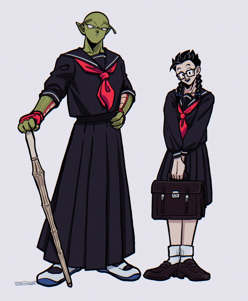 school uniform green skin serafuku skirt black hair long skirt glasses  illustration images