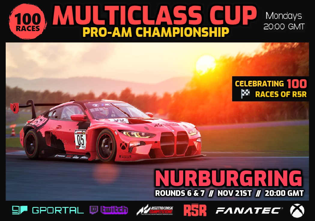 red5racing_'s tweet photo. 1⃣0⃣0⃣ up for Red5Racing 🍾

🟥⬛️ The Multiclass Cup returns tonight at the Nurburgring as R5R passes the milestone of 100 races 🔥🏁 https://t.co/1XYUW3JR5t