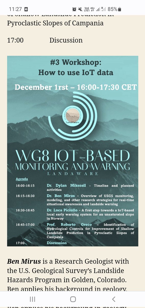 IoT-based methods and analyses (WG08)
  - LandAware -
 #3 Workshop - How to use IoT data in landslide modelling
 link to follow the workshop and join the WG08:

lnkd.in/dgtq9J2x

 #data #iot #landslides #monitoring #modelling NGI - Norwegian Geotechnical Institute