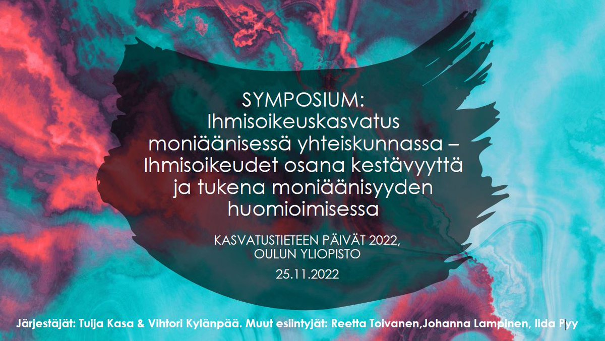 Tuija Kasa (@tuijakasa) on Twitter photo Tervetuloa #ihmisoikeuskasvatus -symposiumiin Ouluun <a href="/KT2022OY/">Kasvatustieteen päivät 2022</a> pe 25.11.! 😊 Harvinainen tilaisuus keskustella mm. #moniäänisyys, #kestävyys, #koulutuspolitiikka, #kasvatusfilosofia, #myötätunto, #mielikuvitus & #teot ihmisoikeuskasvatuksessa. Can't wait!
kt-paivat2022.edu.oulu.fi/esiseminaarit-… Tervetuloa #ihmisoikeuskasvatus -symposiumiin Ouluun <a href="/KT2022OY/">Kasvatustieteen päivät 2022</a> pe 25.11.! 😊 Harvinainen tilaisuus keskustella mm. #moniäänisyys, #kestävyys, #koulutuspolitiikka, #kasvatusfilosofia, #myötätunto, #mielikuvitus & #teot ihmisoikeuskasvatuksessa. Can't wait!
kt-paivat2022.edu.oulu.fi/esiseminaarit-…