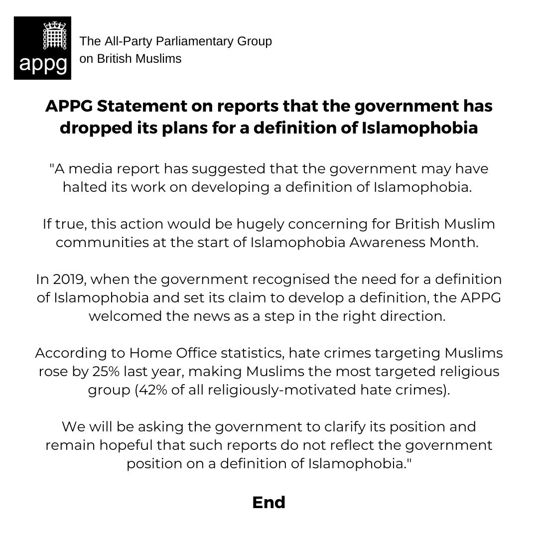 APPGBritMuslims's tweet photo. APPG Statement on reports that the government has dropped its plans for a definition of Islamophobia.

@paulbristow79 &amp; @SarahOwen_ 

#IAM2022 https://t.co/51lmdlhAY8