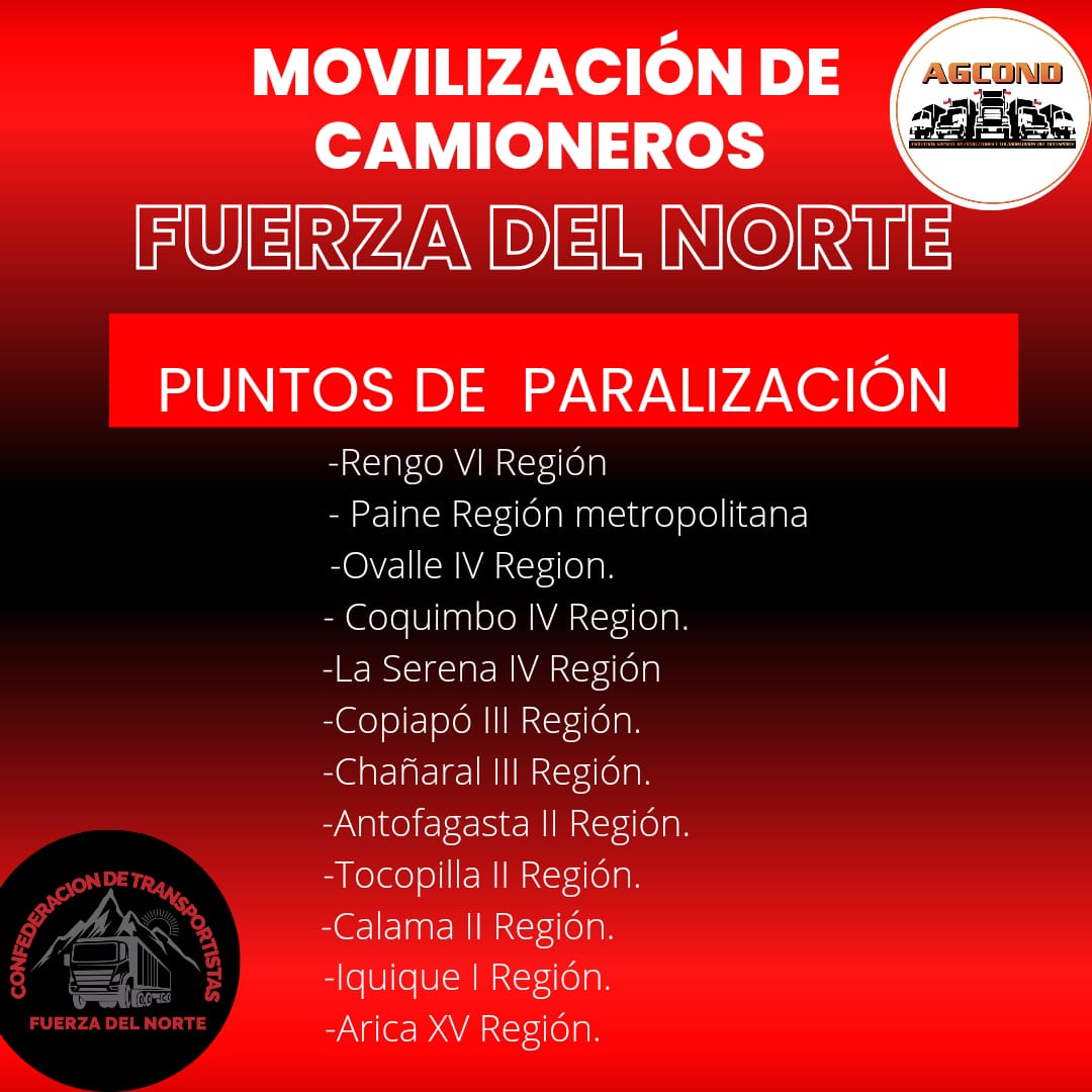 AGCOND_Chile's tweet photo. #AGCOND Estos son los puntos, en donde se encuentra cortada la ruta, en distintas Regiones del Centro y Norte De Chile, esta Movilización es de Carácter Indefinido..
Vamos con Fuerza
#CamionerosChilenos
https://t.co/7RhRf3QO4C 
🚛♥️🇨🇱🇨🇱🇨🇱 https://t.co/BGZ6ZlW48S