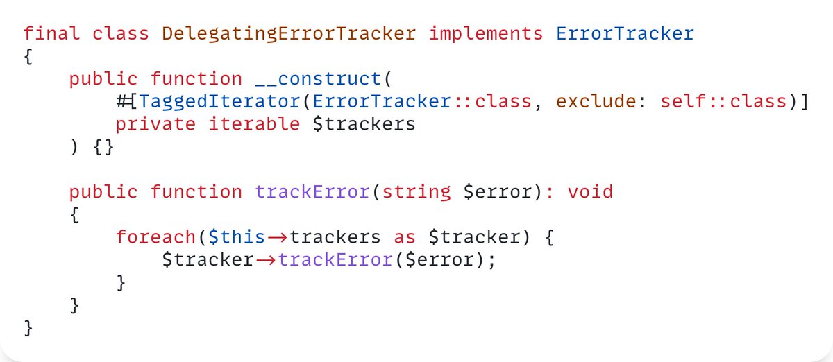 I just discovered the following pattern with tagged service in Symfony

Name the tag like the interface. I think I like it!

github.com/symfony/symfon…