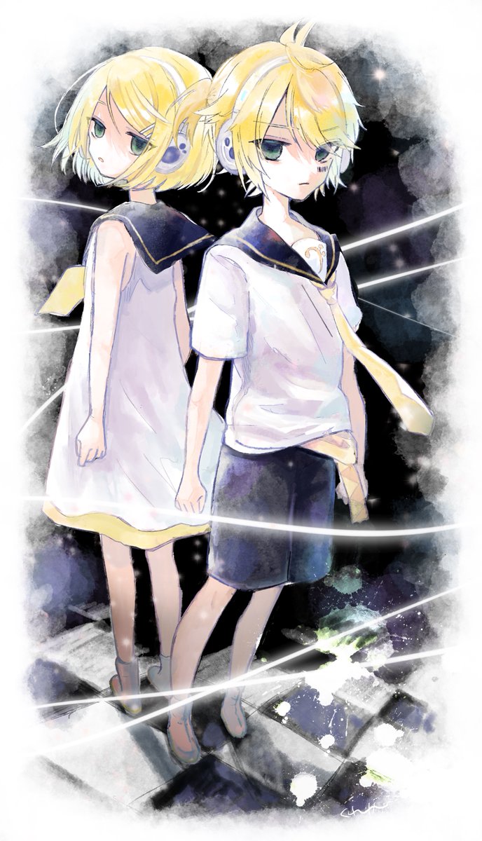 kagamine len ,kagamine rin 1girl 1boy blonde hair headphones dress short hair shorts  illustration images