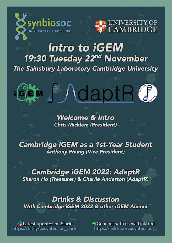 Join us on 22nd November at 19:30 in The Sainsbury Laboratory for the Intro to iGEM session by <a href="/CU_SynBioSoc/">CU SynBioSoc</a> committee and the members of Cambridge iGEM 2022 (<a href="/AnhPh98/">Anthony Phung</a> <a href="/sharonho1215/">Sharon Ho</a> <a href="/CharlAnderton/">Charlie Anderton</a>)! 

To sign up: bit.ly/cusynbiosoc_ig…

Can't wait to see you there!