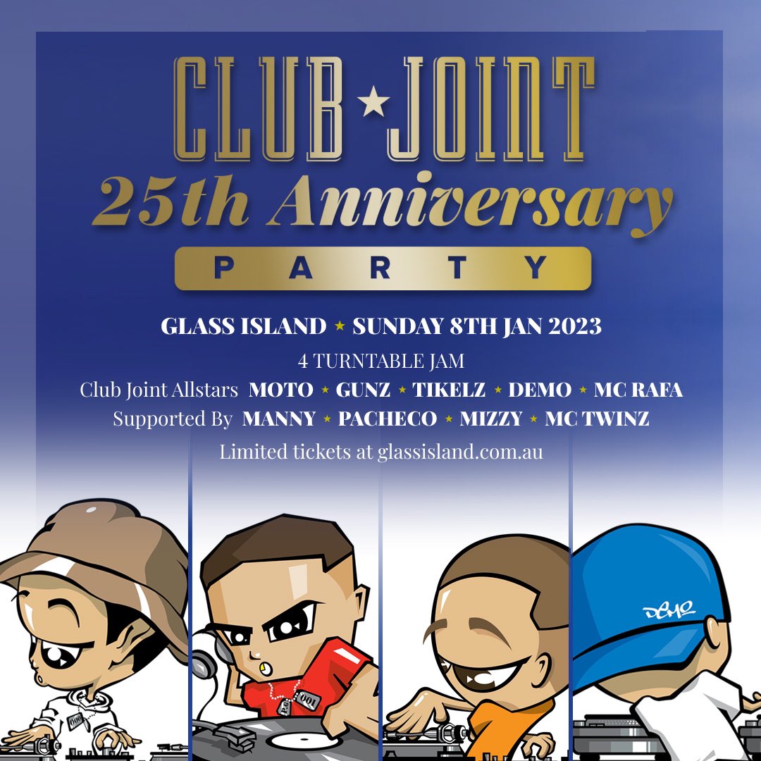 It’s been 25 years since we dropped our first mixtape. We will be doing it like the old days with 4 (real) turntables on iconic boat on Sydney Harbour #clubjoint #clubjointallstars #hiphop #rnb #oldskool #sydney #sydneyharbour #glassisland #soulharbour #djmoto