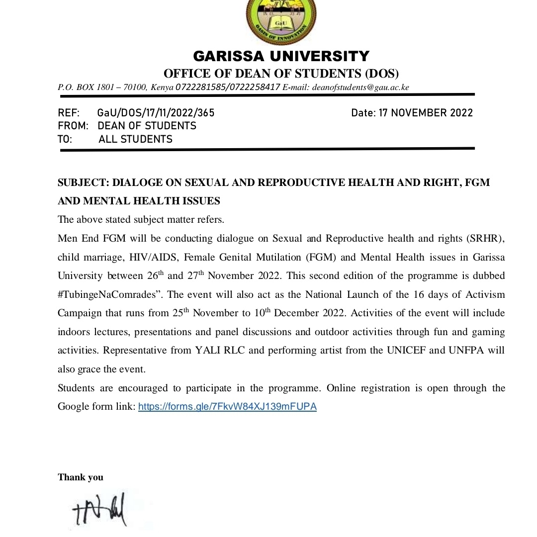 StraightTalkKe's tweet photo. Garissa County has one of the highest prevalence of FGM in 🇰🇪 at 94 per cent. 1 in every 3 girls in Garissa is likely to undergo FGM. We're excited to join @MenEndFGM and partners for #TubongeNaComrades sessions at @GarissaUni as we seek more champions to ensure girls are safe https://t.co/EazfLxYy8h