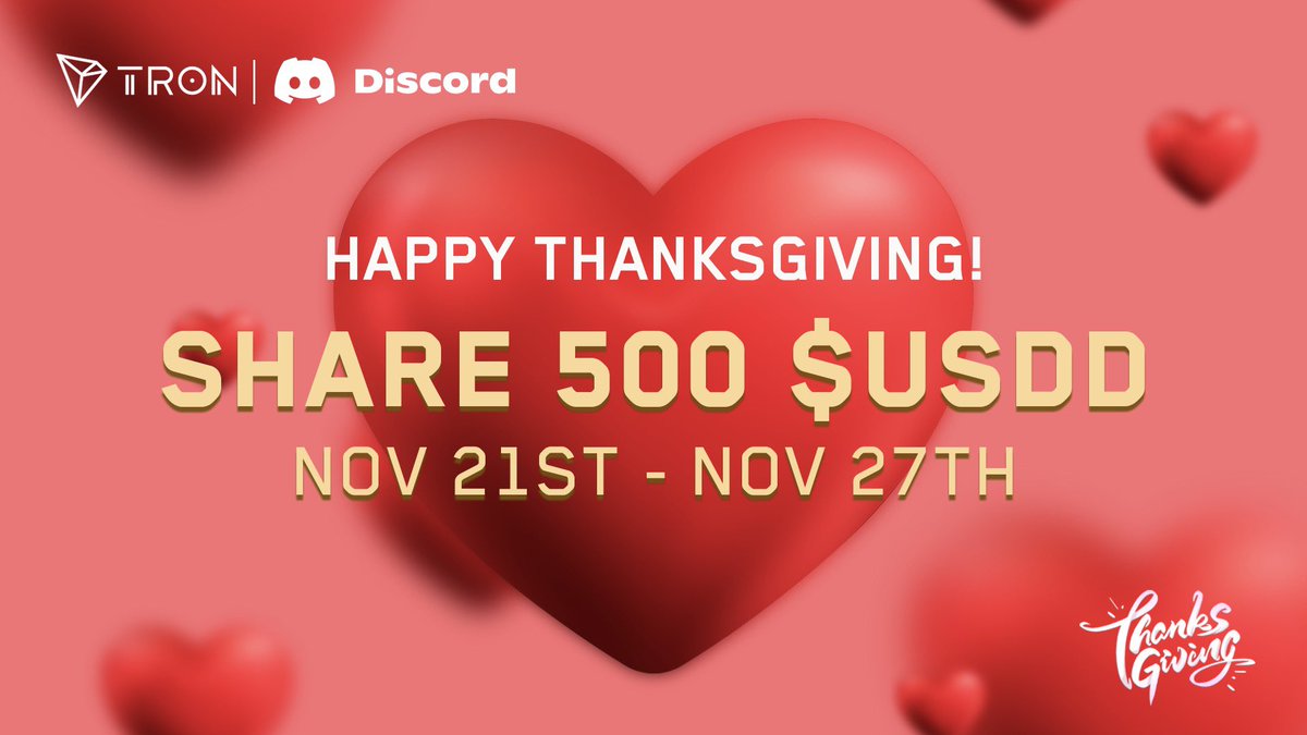 trondao's tweet image. 🥰It’s time to say &quot;THANK YOU&quot;. We wish you all happy #Thanksgiving2022 #TRONICS !

✅Follow us
✅Retweet &amp;amp; Comment one thing you are grateful for.

10 lucky winners will be selected to win 10 #USDD each.

⏰Nov 21-Nov 27
🥳Join #TRON #Discord to enjoy our Thanksgiving Giveaway!