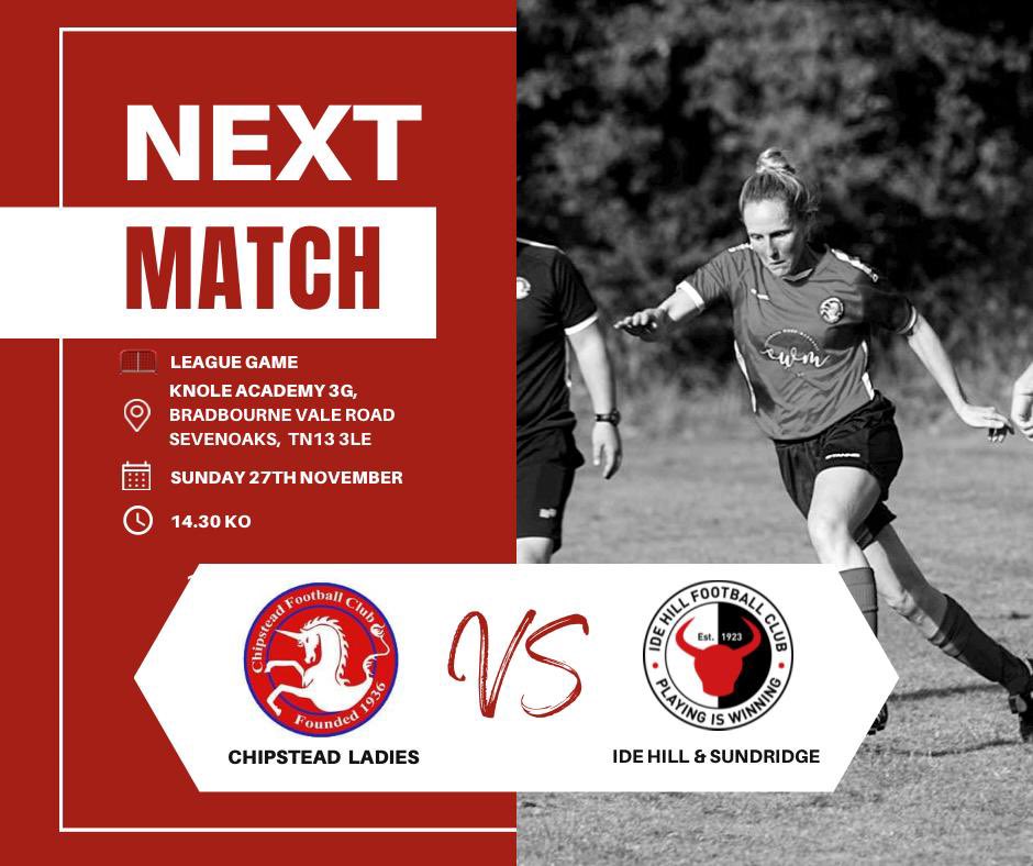 Chipstead Ladies face local rivals this weekend. A game not to be missed! 

⚽️ KD2W League Game 
🆚 <a href="/IdeHillFCWomens/">Ide Hill & Sundridge Women's FC</a> 
🥅 Knole Academy 3G, Bradbourne Vale Road, Sevenoaks TN13 3LE
🗓️ Sunday 27th November 
🕐 14.30 KO 

Please come along to support our ladies 🍟