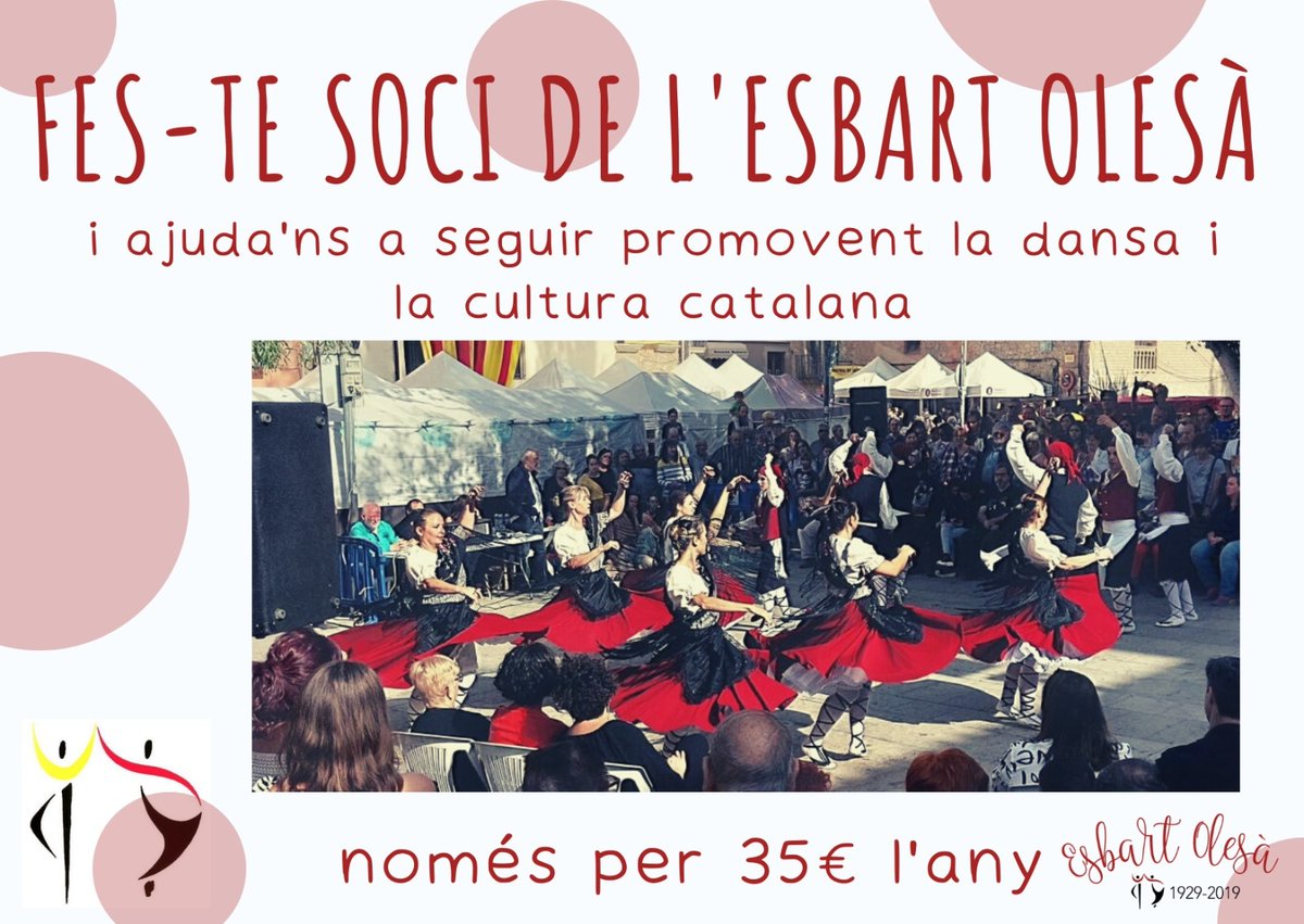 Estem buscant persones que vulguin donar suport a la nostra entitat. 

Per menys de 2 euros al mes pots col·laborar amb l'Esbart Olesà. 

Fes-te soci/a i ajuda'ns a seguir promovent la dansa catalana