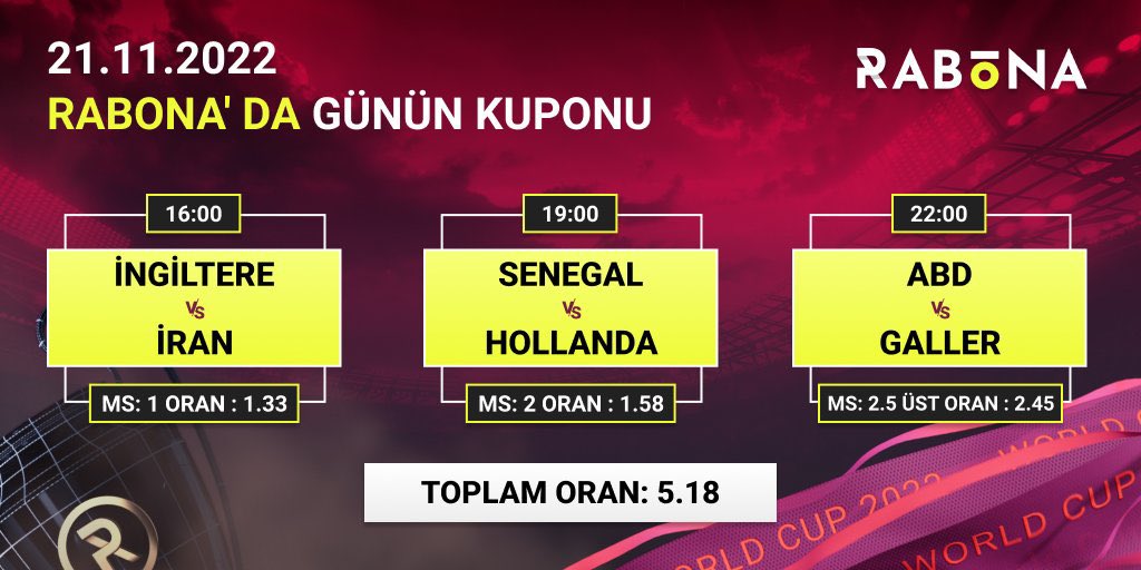 Rabona'dan Pazartesi Gününün Kazandıran   Kuponu

⚽️ İngiltere  - İran
⚽️ Senegal –  Hollanda
⚽️ ABD –  Galler

💰 Toplam Oran : 5.18

▶️Rabona Giriş Adresi:  bit.ly/rabonavip

#rabona #WorldCup2022 #WorldCup