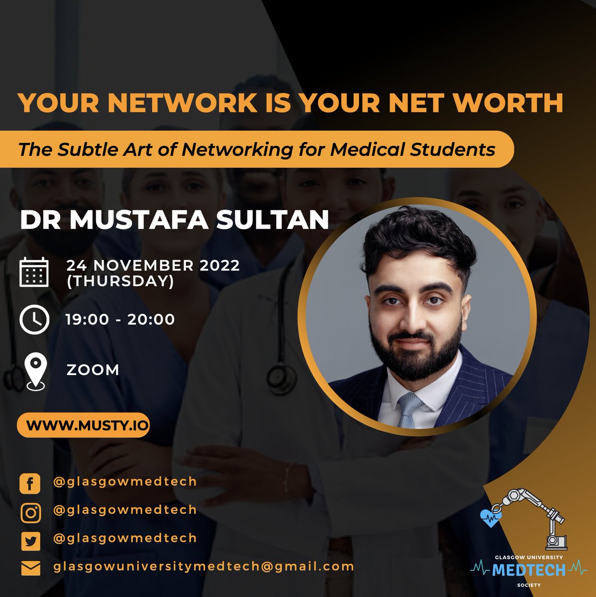 GlasgowMedTech's tweet photo. It can often be life-changing if you have the right contacts at the right time. As a med student how would you do that?

@MustafaSultan, Big Picture Medicine podcast founder, will be sharing insights on how to effectively network!

Join us this Thursday: https://t.co/kxFxG0oheT https://t.co/3fSOgVJuSZ
