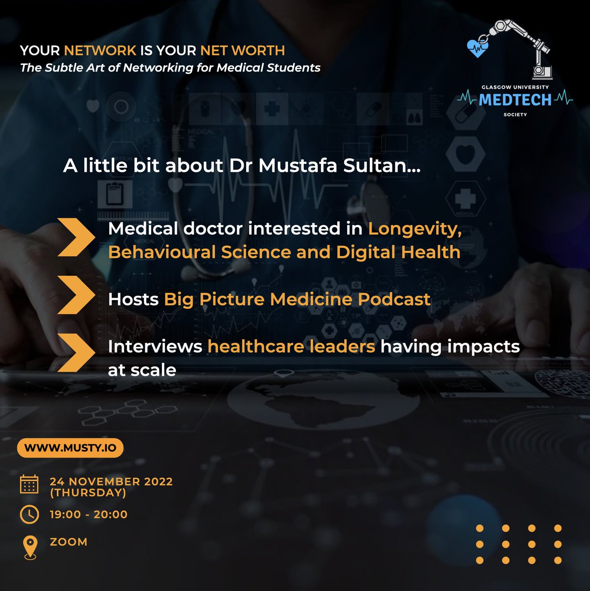 GlasgowMedTech's tweet photo. It can often be life-changing if you have the right contacts at the right time. As a med student how would you do that?

@MustafaSultan, Big Picture Medicine podcast founder, will be sharing insights on how to effectively network!

Join us this Thursday: https://t.co/kxFxG0oheT https://t.co/3fSOgVJuSZ