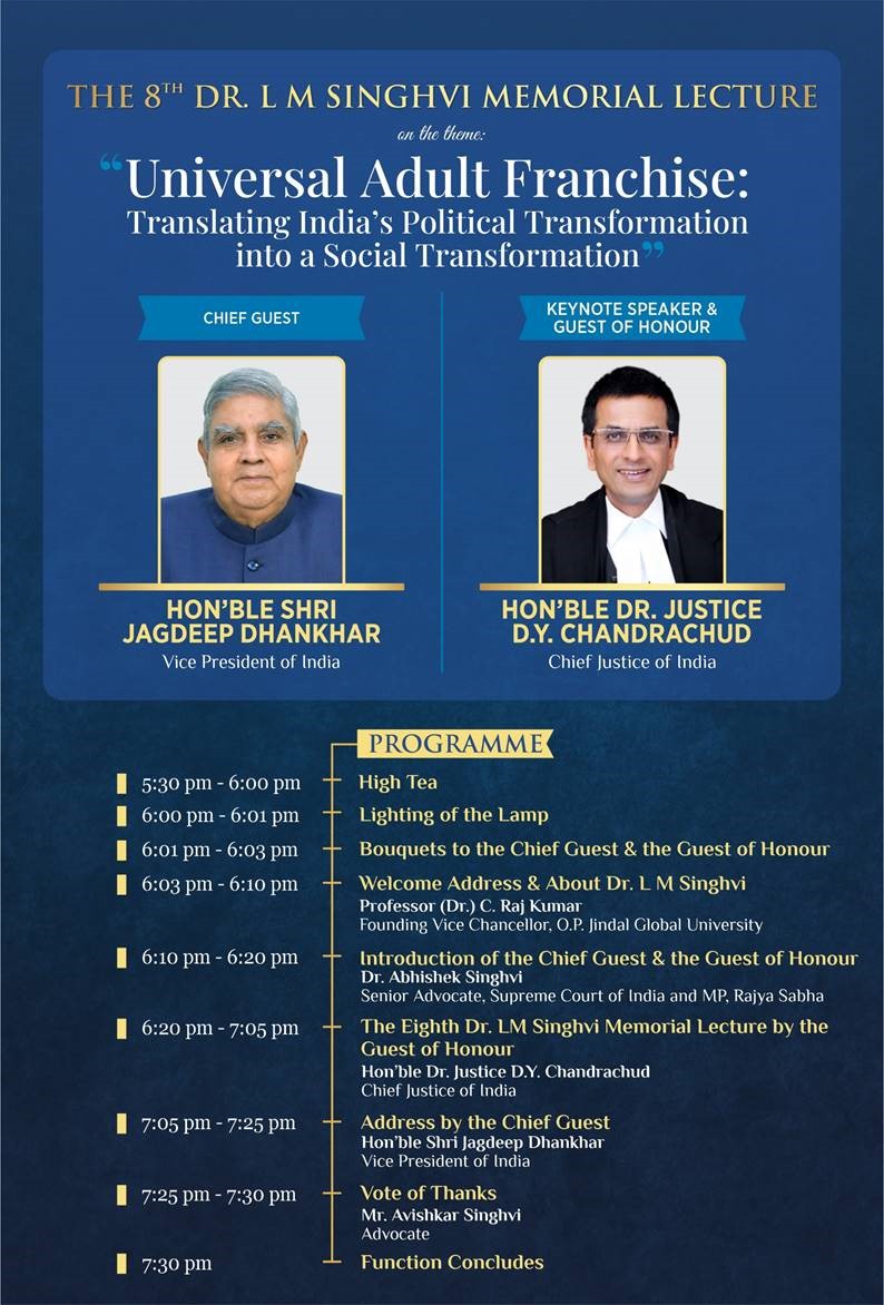 JindalGlobalUNI's tweet photo. #SavetheDate- 8th Dr. LM Singhvi Memorial Lecture on Dec 2 at 5:30pm presided over by Chief Guest, Hon’ble Shri Jagdeep Dhankhar, Vice President of India. The lecture will be delivered by Hon’ble Dr. Justice DY Chandrachud, Chief Justice of India. @VPSecretariat @MPNaveenJindal https://t.co/urthioCTP1
